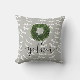Pretty Modern Farmhouse Script Boxwood Wreath Throw Pillow