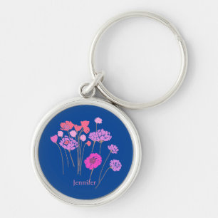 Pretty Modern Floral Dark Blue Keychain