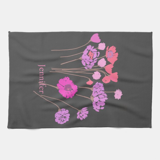 Pretty Modern Floral Dark Grey Kitchen Towel (Horizontal)