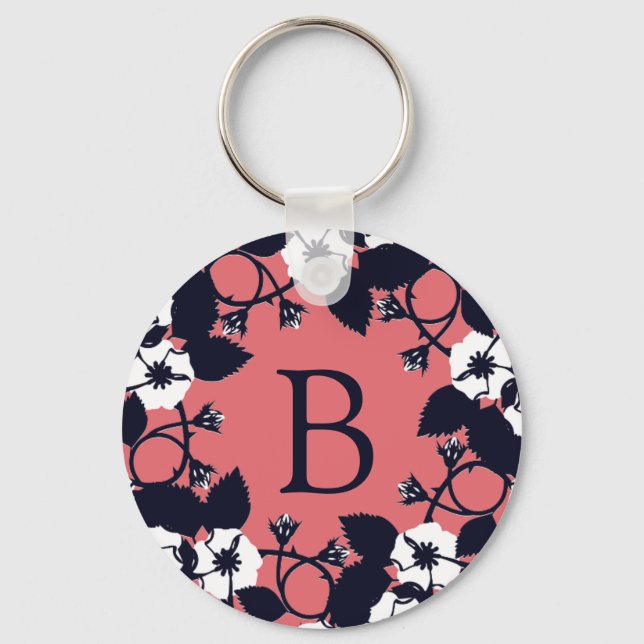 Pretty Modern Floral Pink Monogram Keychain (Front)