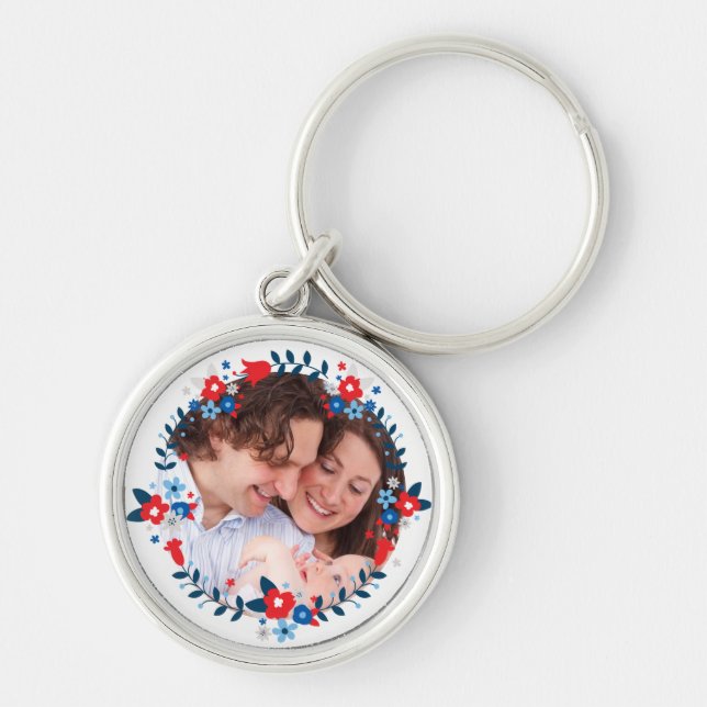 Pretty Modern Floral Wreath Custom Photo Keychain (Front)