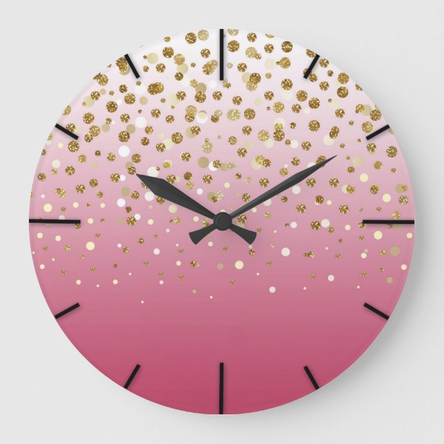Pretty modern girly faux gold glitter confetti large clock (Front)