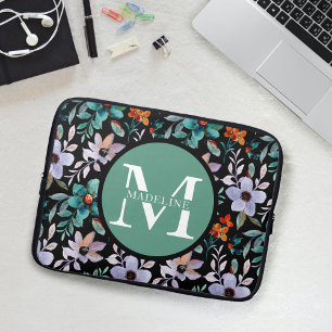 Pretty Modern Girly Floral Monogram Name Modern Laptop Sleeve
