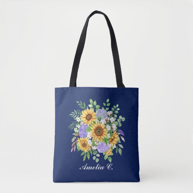 Pretty Modern Navy Sunflower & Wildflowers Design Tote Bag (Front)