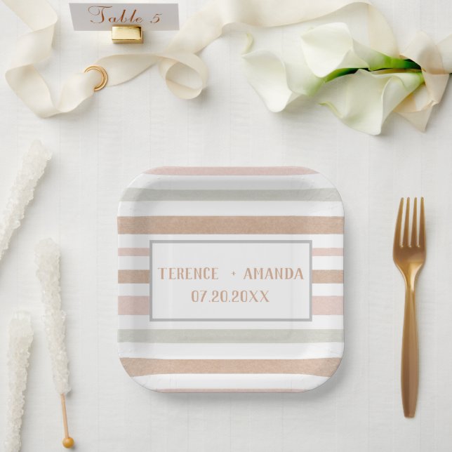 Pretty Modern Neutral Stripes Personalized  Paper Plate (Wedding)