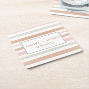 Pretty Modern Neutral Stripes Personalized   Square Paper Coaster