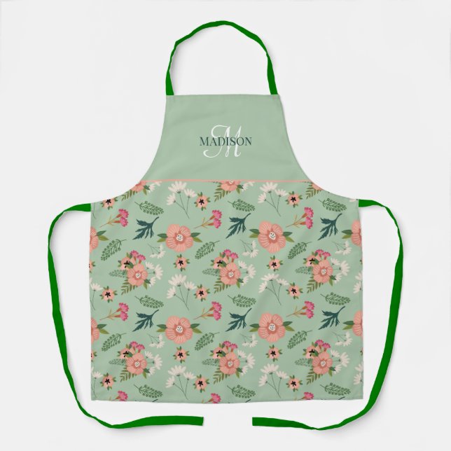 Pretty Modern  Pink Floral Monogram Apron (Front)