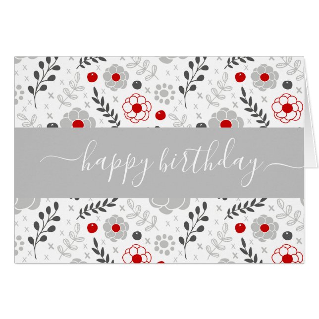 Pretty Modern Red and Grey Flowers Birthday Card (Front Horizontal)
