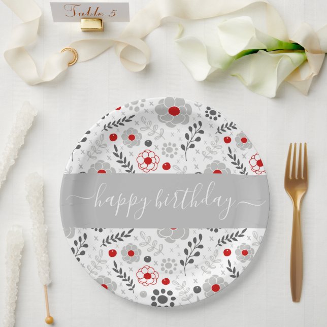 Pretty Modern Red and Grey Flowers Birthday Paper Plate (Wedding)