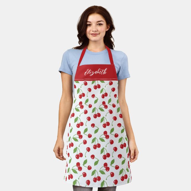 Pretty Modern Red Cherry Berries Pattern Baking Apron (Worn)
