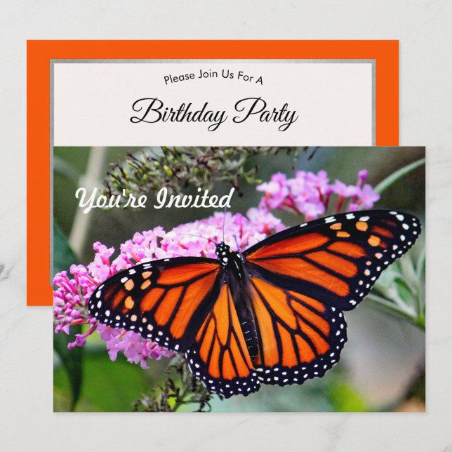 Pretty Monarch Butterfly Photo Birthday Invitation (Front/Back)