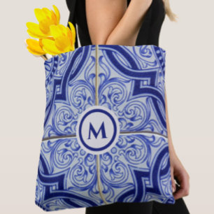 Pretty Monogram Blue + White Tile Pattern Tote Bag