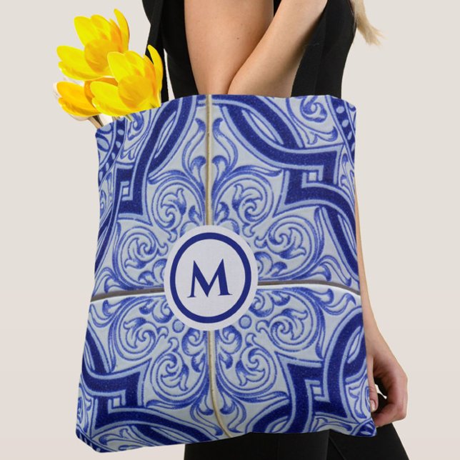 Pretty Monogram Blue + White Tile Pattern Tote Bag (Errands won't be boring with this pretty monogram blue and white tile pattern tote bag! )