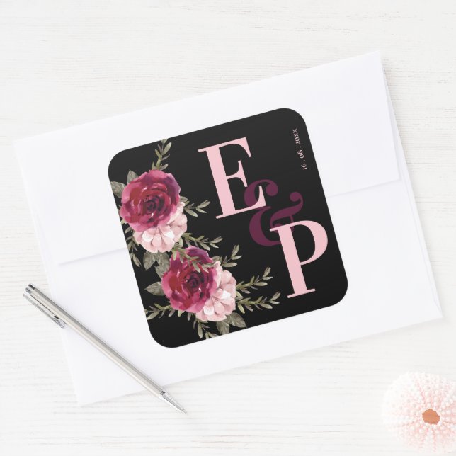 Pretty Monogram Burgundy Blush Pink Floral Wedding Square Sticker (Envelope)