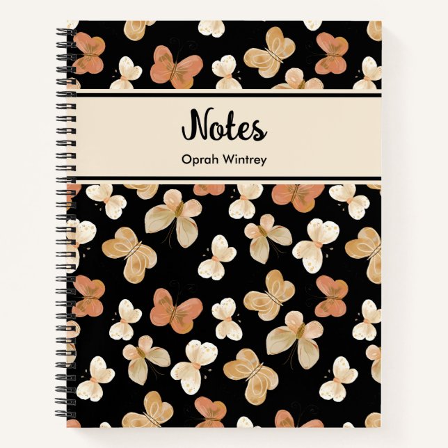 Pretty Monogram Butterfly Personalized Name Black Notebook (Front)