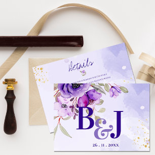 Pretty Monogram Cute Purple Blue Floral Wedding Enclosure Card