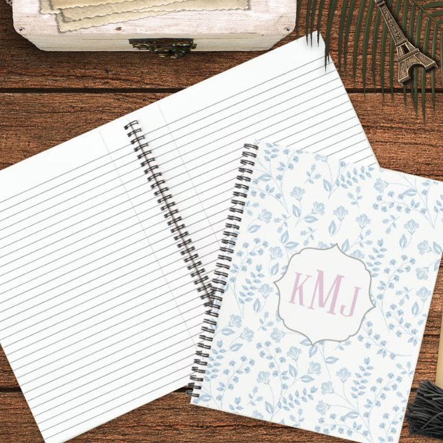 Pretty Monogram Elegant Simple Blue Floral  Notebook (Creator Uploaded)