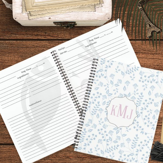 Pretty Monogram Elegant Simple Blue Floral Recipe Notebook (Creator Uploaded)