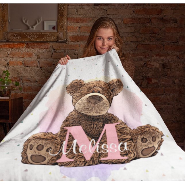Pretty Monogram Kids Name Pink Teddy Bear  Fleece Blanket (Creator Uploaded)