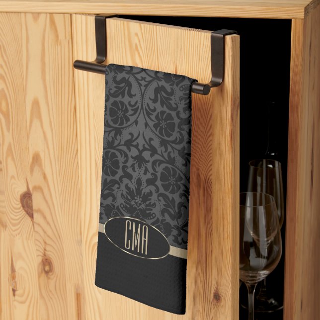 Pretty Monogram Metallic Gold & Floral Damask Kitchen Towel (Thirds Fold)
