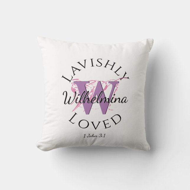 Pretty | Monogram Name LAVISHLY LOVED Lilac W Throw Pillow (Front)