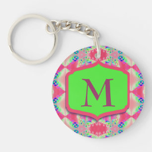 Pretty Monogram Pink Green Pattern Keychain