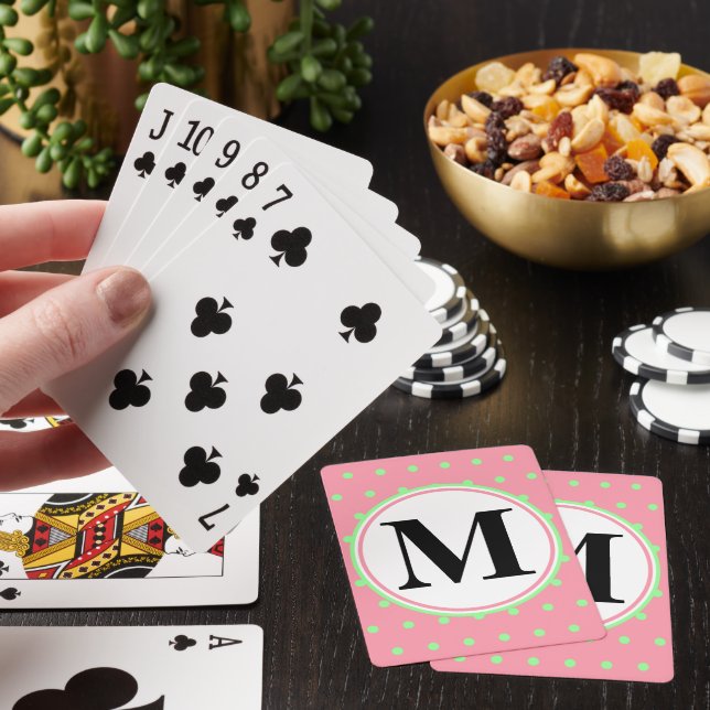Pretty Monogram Pink Green Polka Dots  Playing Cards (In Situ)