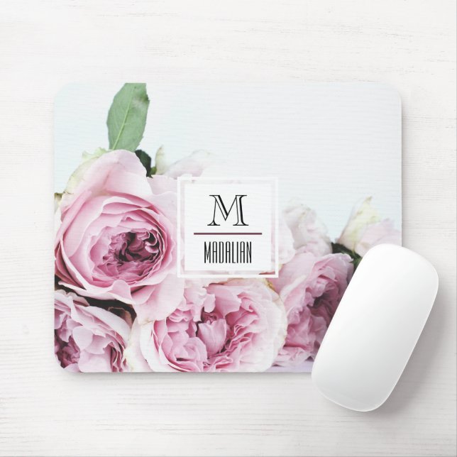 Pretty monogram pink rose initial with border  mouse pad (With Mouse)