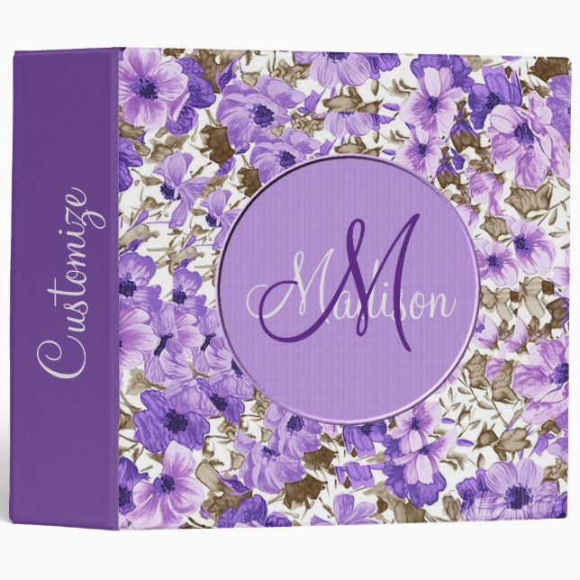 Pretty Monogram Purple & White Floral Binder (Front/Spine)