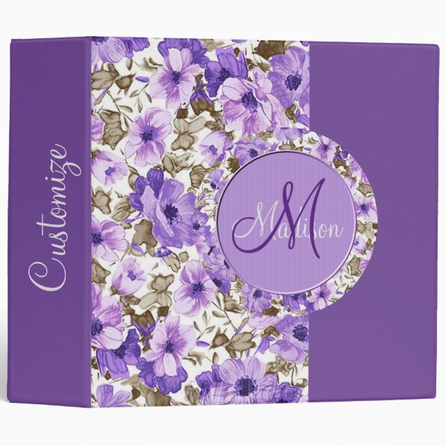 Pretty Monogram Purple & White Floral Binder 5 (Front/Spine)