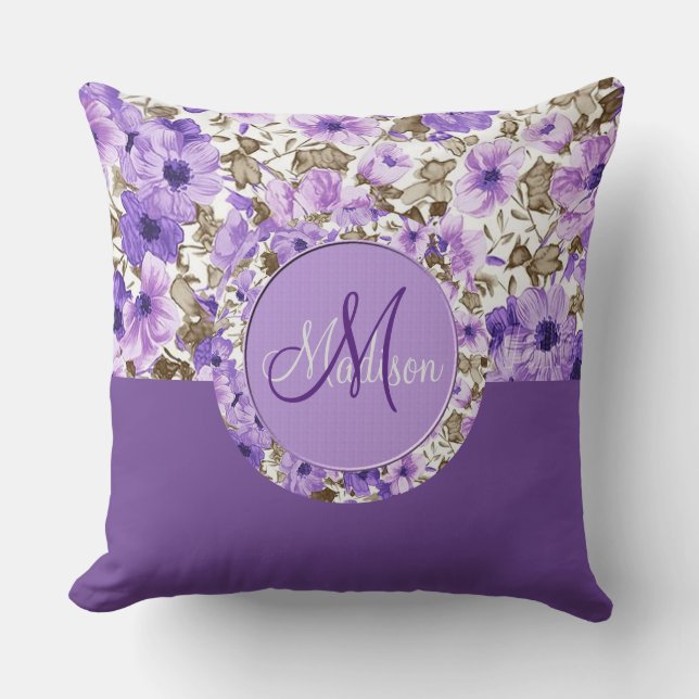 Pretty Monogram Purple & White Floral Pillow 3 (Front)