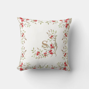 Pretty Monogram Red Berries Christmas Deer Antlers Throw Pillow