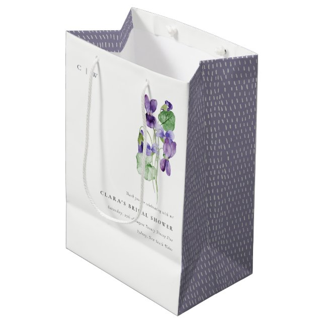 Pretty Monogram Violet Floral Bunch Bridal Shower Medium Gift Bag (Front Angled)