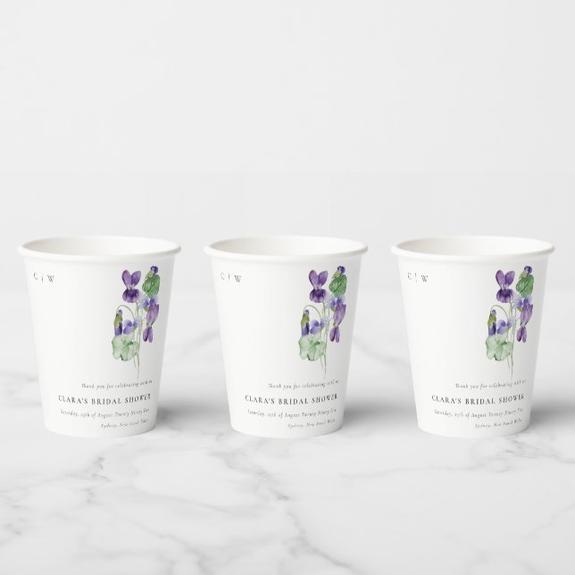 Pretty Monogram Violet Floral Bunch Bridal Shower Paper Cups (Multi)