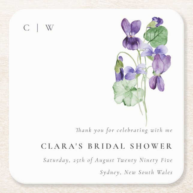 Pretty Monogram Violet Floral Bunch Bridal Shower Square Paper Coaster (Front)