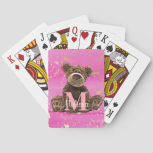 Pretty Monogram Watercolor Kid's Pink Teddy Bear Playing Cards