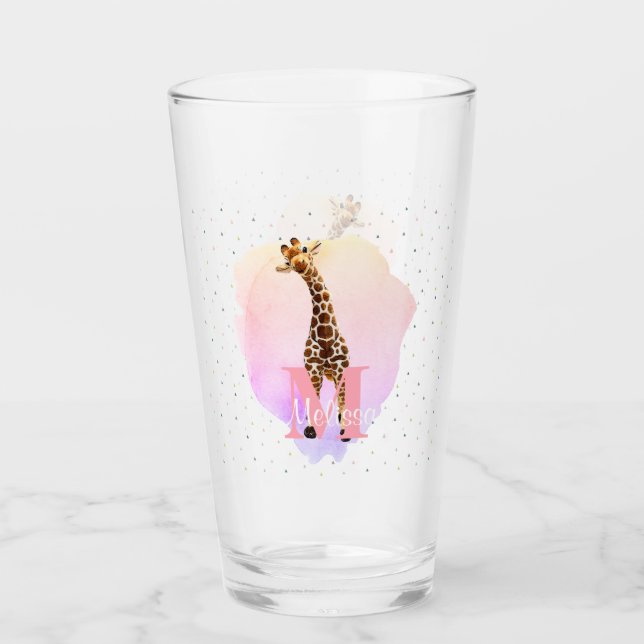 Pretty Monogram Watercolor Name Kids Giraffe Glass (Front)