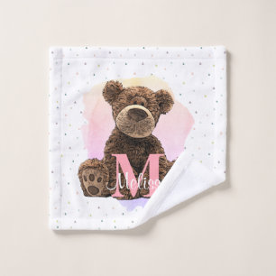 Pretty Monogram Watercolor Name Kids Teddy Bear Wash Cloth