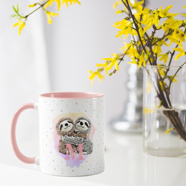 Pretty Monogram Watercolor Name Pink Sloth Hugs  Mug (Creator Uploaded)