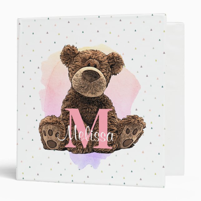 Pretty Monogram Watercolor Name Pink Teddy Bear Binder (Front/Inside)