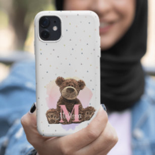 Pretty Monogram Watercolor Name Pink Teddy Bear iPhone 13 Pro Case