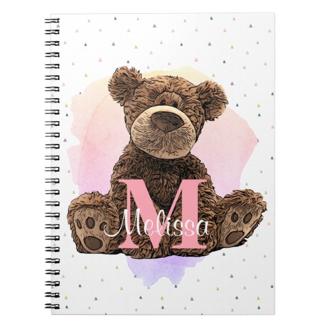 Pretty Monogram Watercolor Name Pink Teddy Bear Notebook (Front)