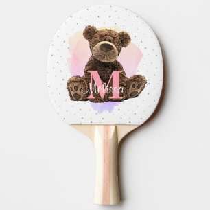 Pretty Monogram Watercolor Name Pink Teddy Bear  Ping Pong Paddle