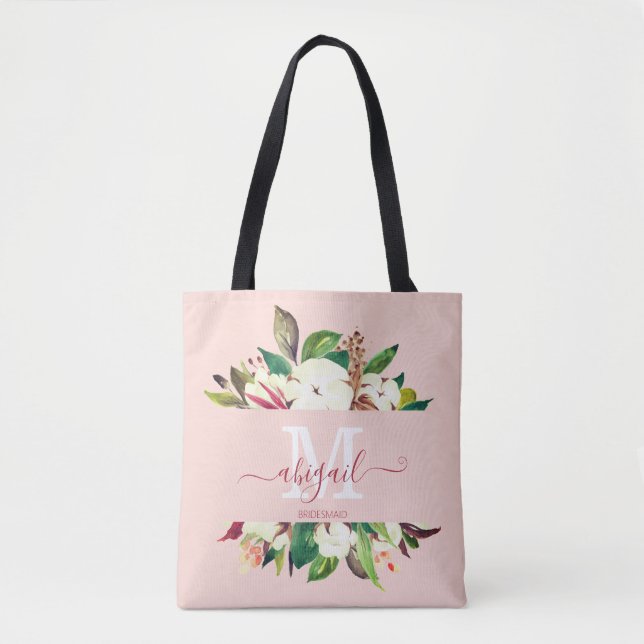 Pretty Monogrammed Floral Bridesmaid Tote Bag (Front)