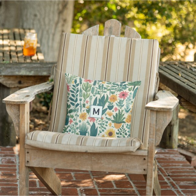 Pretty Monogrammed Floral Garden Plants Flowers Outdoor Pillow (Chair)