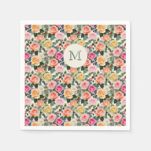 Pretty Monogrammed Floral Garden Roses Elegant Napkin
