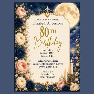 Pretty Moonlit Water Peony 80th Birthday Party Invitation
