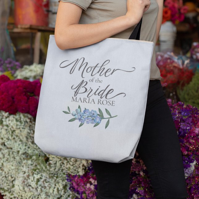 Pretty Mother of the Bride Floral Personalized Tote Bag (Mother of the Bride personalized wedding tote bag featuring elegant calligraphy script and blue flor)