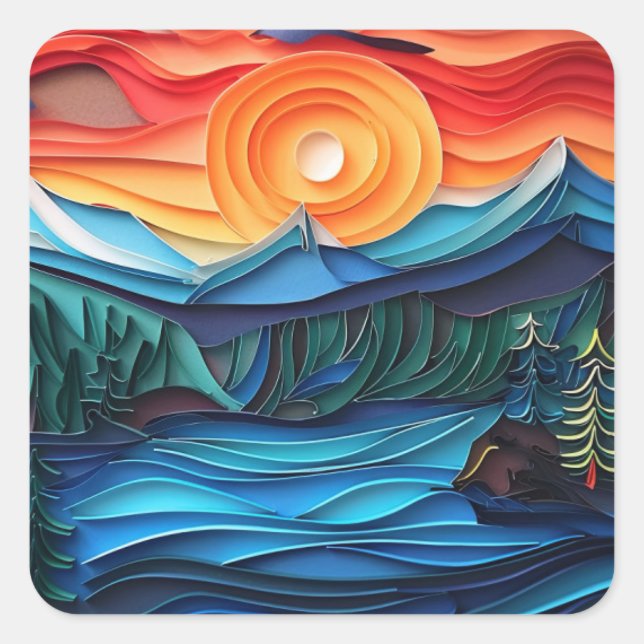 Pretty Mountain Sunset Lake Landscape Abstract Square Sticker (Front)