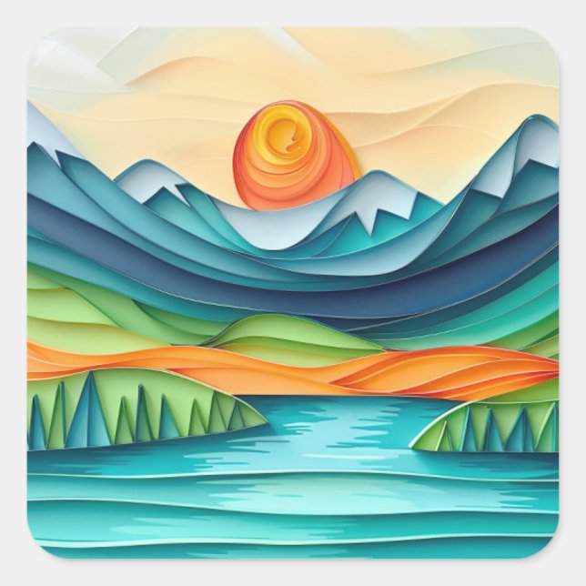 Pretty Mountain Sunset Lake Landscape Abstract Square Sticker (Front)